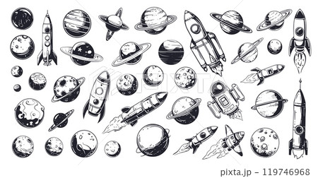 Doodle outer space set. Hand drawn cosmic elements planets rockets, sketch comet rocketship vector illustration 119746968