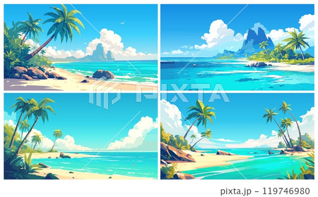 Cartoon tropical island landscape set. Sand sea shore with palm trees and mountain, summer vacation vector illustration 119746980