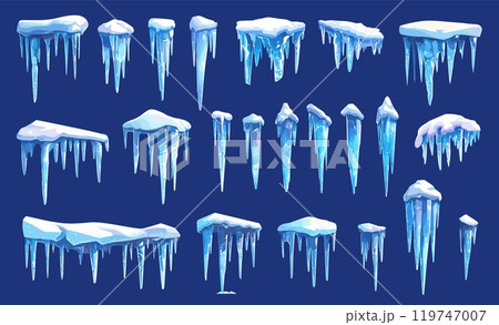 Cartoon icicles set. Frozen ice stalactites cluster and snow caps, winter landscape element vector illustration Cartoon icicles set. Frozen ice stalactites cluster and snow caps, winter landscape element vector illustration 119747007