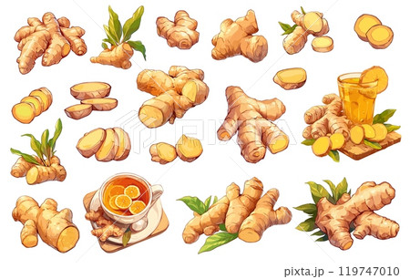 Cartoon ginger root and drinks set. Fresh whole and cut natural spice plant, health product, ginger with leaves vector illustration 119747010