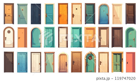 Cartoon door set. Entrance wooden home apartment doorway, architecture classic facade element vector illustration 119747020