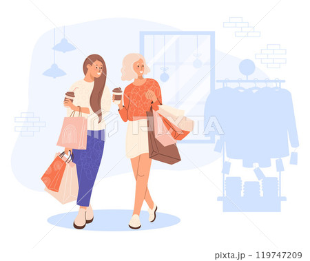 Shopping in store. Happy women girlfriends buyers with takeaway coffee and packages near rack with clothes on sale. Vector illustration. Holiday Female character shopper, purchase, Black Friday. Shopping in store. Happy women girlfriends buyers with takeaway coffee and packages near rack with clothes on sale. Vector illustration. Holiday Female character shopper, purchase, Black Friday. 119747209
