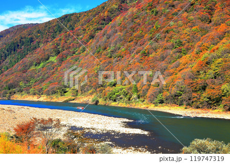 紅葉の中を進む最上川舟下り 119747319