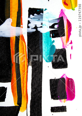 Abstract Real Black Paint Lines and Color Squares Hand Made on White Backgrond 119747398