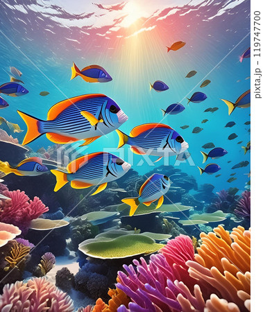 カラフルなサンゴ礁の魚たちのイラストのイラスト素材 [119747700] - PIXTA