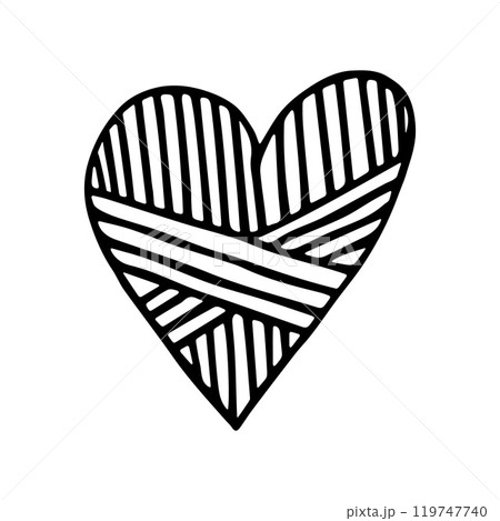 Abstract Doodle Love Icon. Black Contour Shape, Hand-Drawn Style. Geometric Heart Decorated with Hatched Lines. Abstract Doodle Love Icon. Black Contour Shape, Hand-Drawn Style. Geometric Heart Decorated with Hatched Lines. 119747740