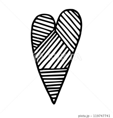 Thin Geometric Heart Icon with Hatched Lines Ornament. Hand-Drawn Abstract Doodle Love Icon. Black Outline Isolated Element. 119747741