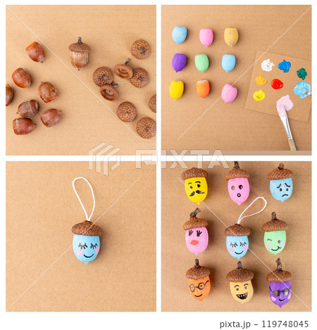 Step by step DIY, Colorful acorns with painted faces arranged with paint supplies on brown background. Creative autumn crafting concept for DIY projects, posters, greeting cards, and seasonal decor Step by step DIY, Colorful acorns with painted faces arranged with paint supplies on brown background. Creative autumn crafting concept for DIY projects, posters, greeting cards, and seasonal decor 119748045