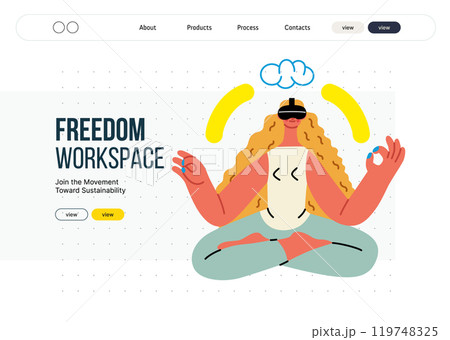Creative workspace, modern flat vector concept illustration of a woman working sitting meditating with a computer Remote work, flexibility, independence, efficiency, mobility, synergy, freedom 119748325