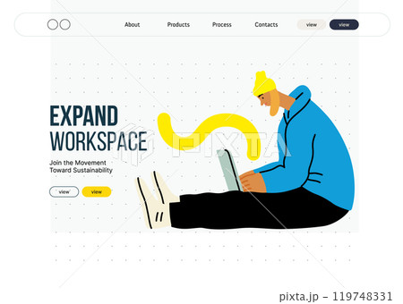 Creative workspace, modern flat vector concept illustration of a woman working sitting with a computer Remote work, flexibility, independence, efficiency, mobility, synergy, freedom Creative workspace, modern flat vector concept illustration of a woman working sitting with a computer Remote work, flexibility, independence, efficiency, mobility, synergy, freedom 119748331