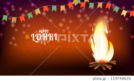 Happy Lohri Indian holiday festival bright bonfire. Decorations colored flags. Gratitude for harvest. Design invitation card banner poster. Vector illustration. Happy Lohri Indian holiday festival bright bonfire. Decorations colored flags. Gratitude for harvest. Design invitation card banner poster. Vector illustration. 119748629
