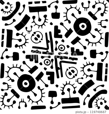 Black white abstract hand drawn tribal seamless pattern. Vector ethnic monochrome aztec design. Fantasy symbols Black white abstract hand drawn tribal seamless pattern. Vector ethnic monochrome aztec design. Fantasy symbols 119748687