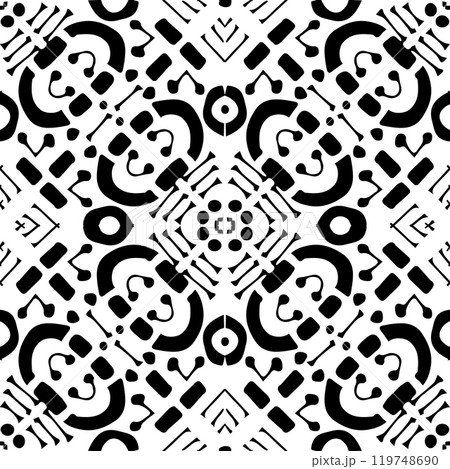 Monochrome hand drawn line seamless pattern on white background. Vector black white mozaic ornament tile for wall or print 119748690