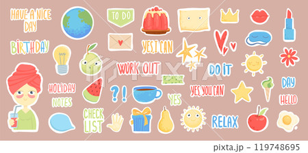 Diary stickers. Words, characters and quotes for planner journal. Trendy notebook decor with girls, food and cats. Daily reminder vector set as coffee cup, love letter, rainbow and light bulb 119748695