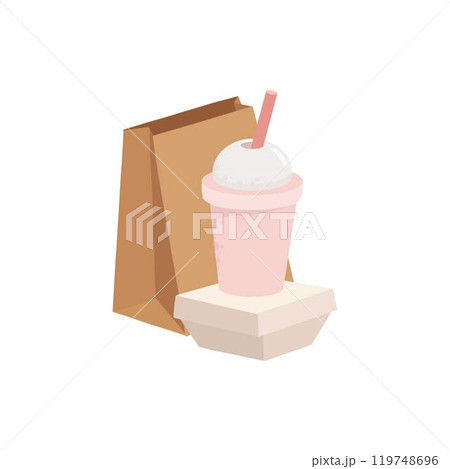 Fast food disposable container. Takeaway food delivery containers, carton box, paper bag and plastic cup for drinks flat vector illustration icon. Food delivery packaging 119748696