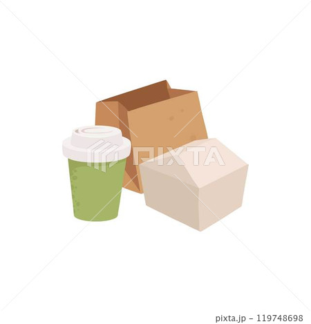 Fast food disposable container. Takeaway food delivery containers, carton box, paper bag and plastic cup for drinks flat vector illustration icon. Food delivery packaging 119748698