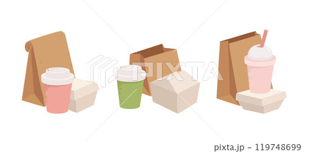 Fast food disposable containers. Takeaway food delivery containers, carton boxes, paper bags and plastic cups for drinks flat vector illustration set. Food delivery packaging 119748699