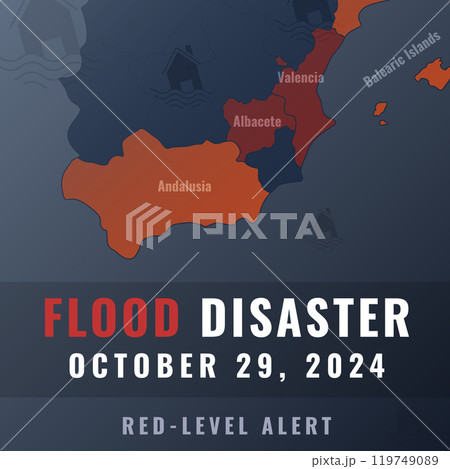 Flood disaster in Spain information illustration 119749089