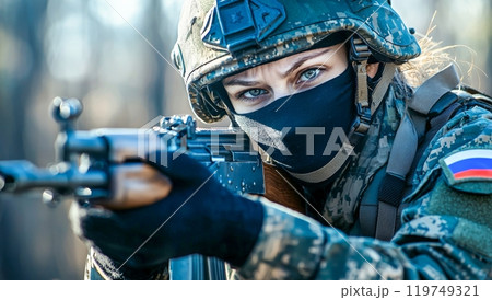 戦場での使命感に満ちたロシア女性兵士 119749321