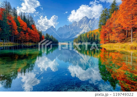 北海道の紅葉と青空が映える湖の絶景 119749322