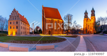 Cathedral Basilica and historical buildings at dusk in Poznan, Poland 119749997