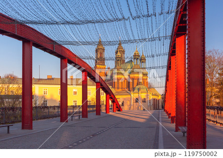Cathedral Basilica view through Jordan Bridge at sunrise, Poznan, Poland 119750002