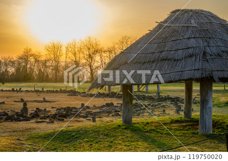 縄文世界遺産大湯環状列石の夕景 119750020