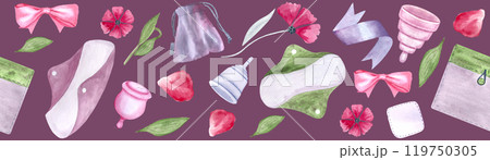 A period pad, a fabric pouch, a menstrual cup, ribbons petals watercolor seamless border on purple background. Great for eco-friendly menstrual care design, packaging, tape. Sustainable lifestyle 119750305