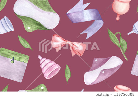 A period pad, menstrual cups, cover, ribbon watercolor seamless pattern on purple background. Menstrual protection items. Ideal for packaging, website background. Sustainable lifestyle choices of 119750309