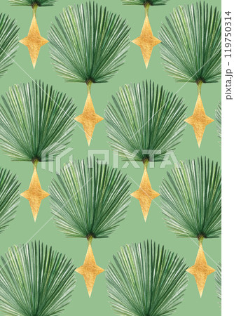 Palm leaf abstract hand painted watercolor seamless pattern on light green. High quality image perfect for cards, posters, stickers, eco materials, Christmas decoration design. Exotic plants clipart Palm leaf abstract hand painted watercolor seamless pattern on light green. High quality image perfect for cards, posters, stickers, eco materials, Christmas decoration design. Exotic plants clipart 119750314