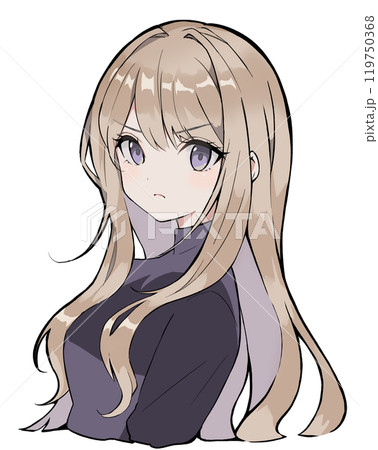 怒っているロングヘアの女性のバストアップイラスト 119750368