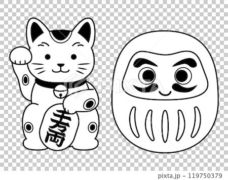 招財貓與不倒翁單色線描插圖素材 119750379