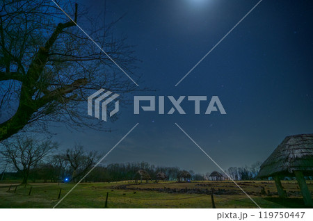 月明りに照らされる縄文世界遺産大湯環状列石と夜空の星 月明りに照らされる縄文世界遺産大湯環状列石と夜空の星 119750447