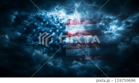 American flag with lightning in stormy sky 119750696