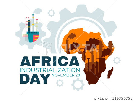 African Industrialization Day Vector Illustration of a Factory Building with Chimneys Operating in the City Center, Set in a Flat Style Background 119750756