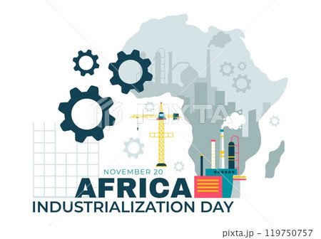 African Industrialization Day Vector Illustration of a Factory Building with Chimneys Operating in the City Center, Set in a Flat Style Background 119750757