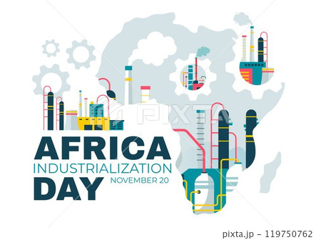 African Industrialization Day Vector Illustration of a Factory Building with Chimneys Operating in the City Center, Set in a Flat Style Background 119750762
