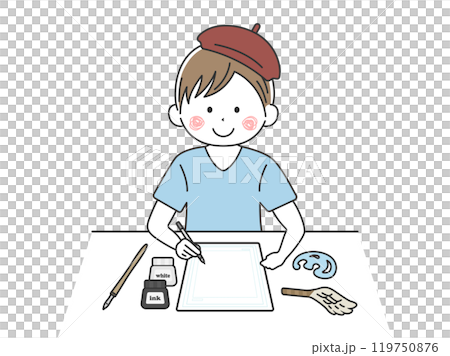 Illustration of a male manga artist wearing a beret Illustration of a male manga artist wearing a beret 119750876