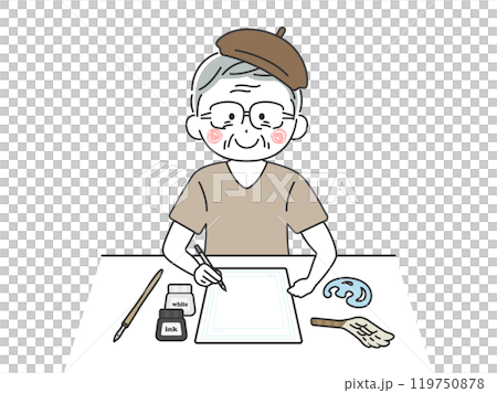 一位戴著貝雷帽的老年漫畫家的插圖 119750878