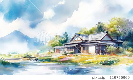 日本の田舎風景 川沿いの古民家と静かな自然に囲まれた風景 水彩