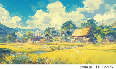 日本の田舎の夏 美しい茅葺き屋根と稲穂が揺れる風景 水彩パステル