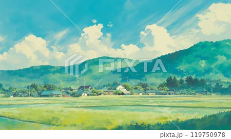 緑豊かな田園と山々が広がる日本の夏空 青空と美しい自然の風景 水彩