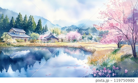 春の日本庭園と古民家 桜が咲き誇る池畔の風景 水彩パステルイラストの