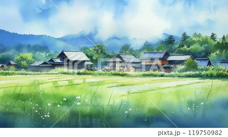 夏の日本の田園風景 緑豊かな田畑と古民家が並ぶ静かな村 水彩