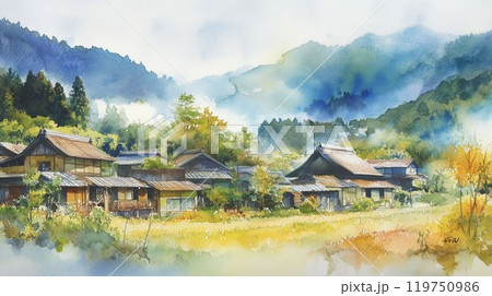 日本の秋の田舎風景 茅葺き屋根の集落と色づく山々 静寂な自然を