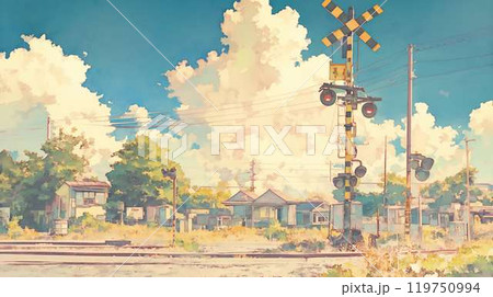 夏の田舎の踏切と青空 | のどかな日本の風景 | 郷愁漂う静かな集落と信号機 夏の田舎の踏切と青空 | のどかな日本の風景 | 郷愁漂う静かな集落と信号機 119750994