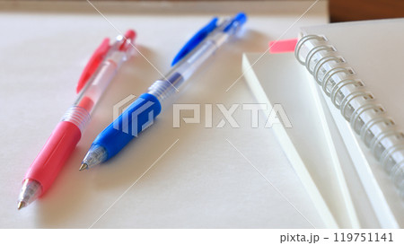 入学試験にむけた受験勉強のために、机に置かれた教科書と参考書、ノートとボールペン 119751141