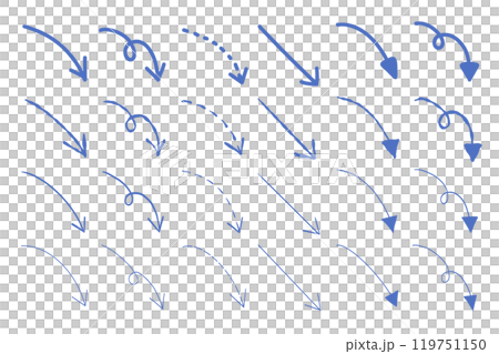 A simple illustration set of hand-drawn blue arrows pointing downwards 119751150