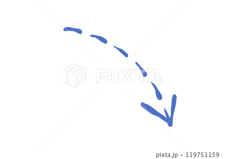 右肩下がりの青い矢印の手描き風シンプルイラスト 119751159