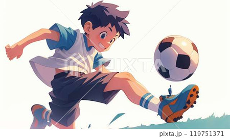 サッカー少年のアクションシーン イラスト キック 笑顔 スポーツ 子供 青と白 背景シンプル サッカー少年のアクションシーン イラスト キック 笑顔 スポーツ 子供 青と白 背景シンプル 119751371